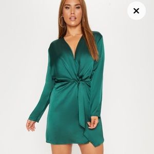 Emerald green long sleeve satin dress